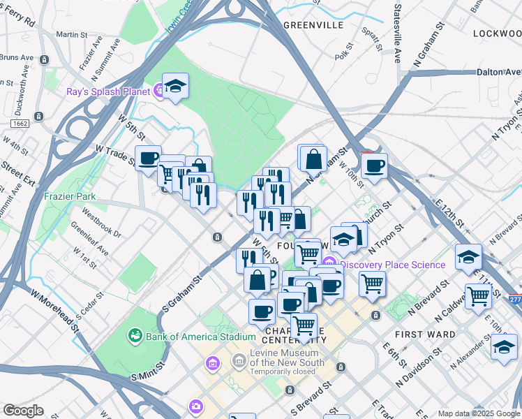 map of restaurants, bars, coffee shops, grocery stores, and more near in Charlotte