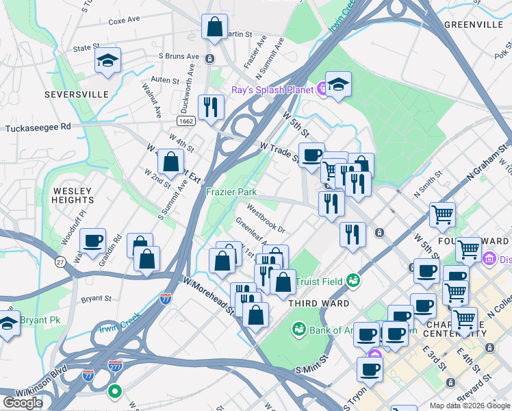 map of restaurants, bars, coffee shops, grocery stores, and more near in Charlotte