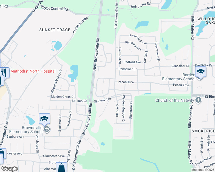 map of restaurants, bars, coffee shops, grocery stores, and more near 5587 Flower Hill Drive East in Memphis