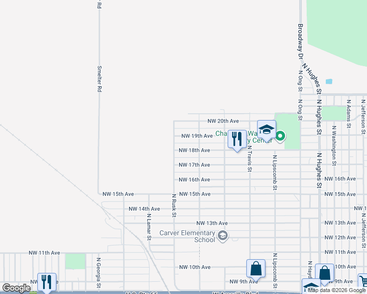 map of restaurants, bars, coffee shops, grocery stores, and more near 2029 NW 18th Ave in Amarillo