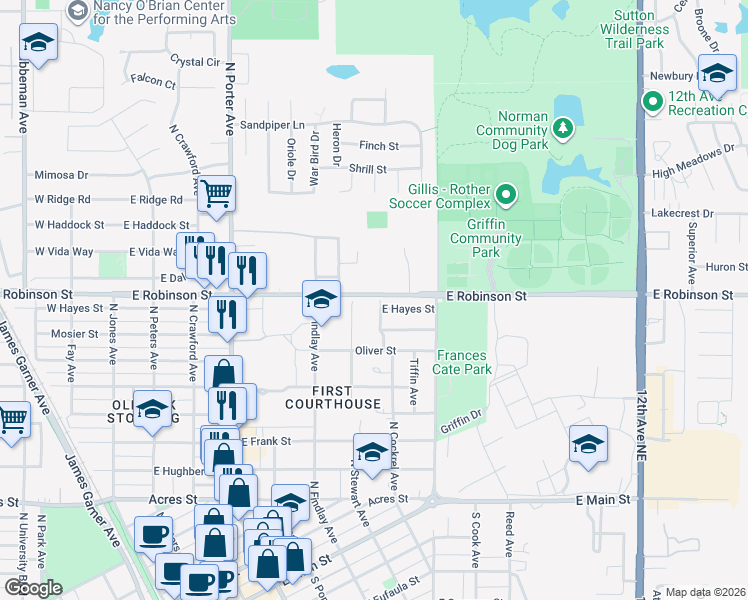map of restaurants, bars, coffee shops, grocery stores, and more near 821 North Stewart Avenue in Norman