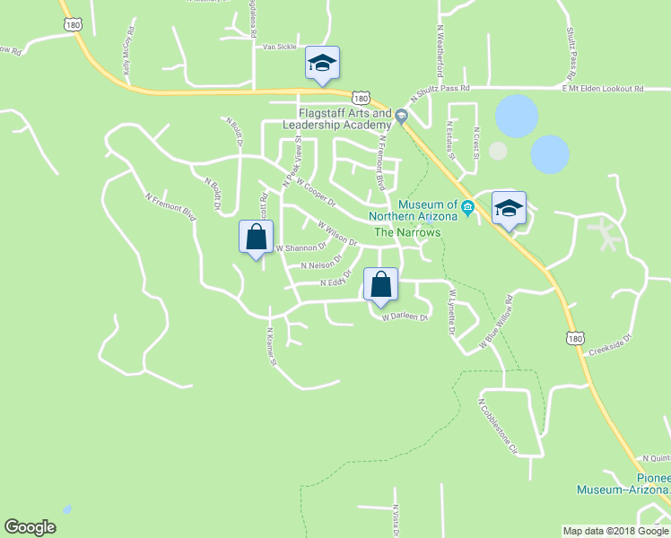 map of restaurants, bars, coffee shops, grocery stores, and more near 2710 North Nelson Drive in Flagstaff