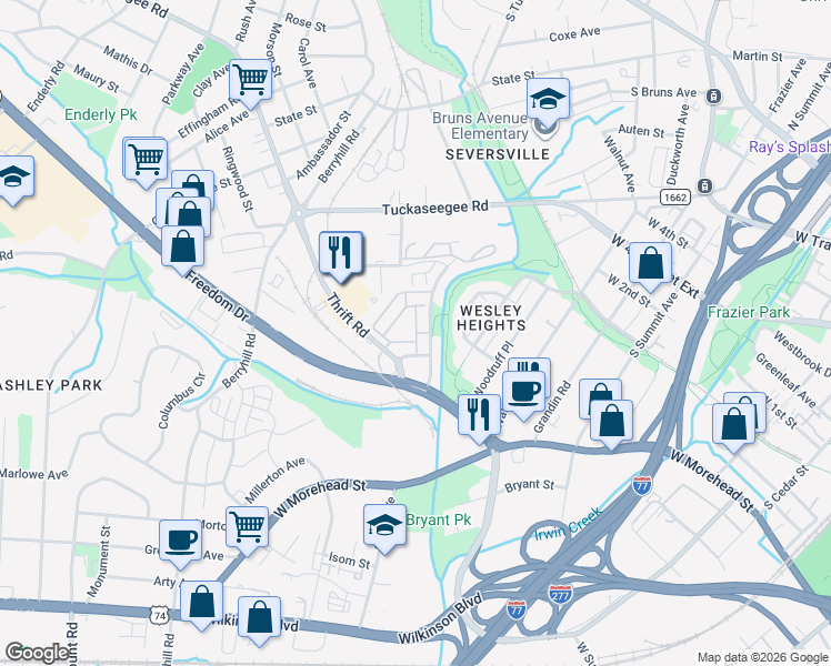map of restaurants, bars, coffee shops, grocery stores, and more near Wet Stone Way in Charlotte