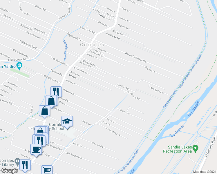 map of restaurants, bars, coffee shops, grocery stores, and more near 340 Arabian Lane in Corrales