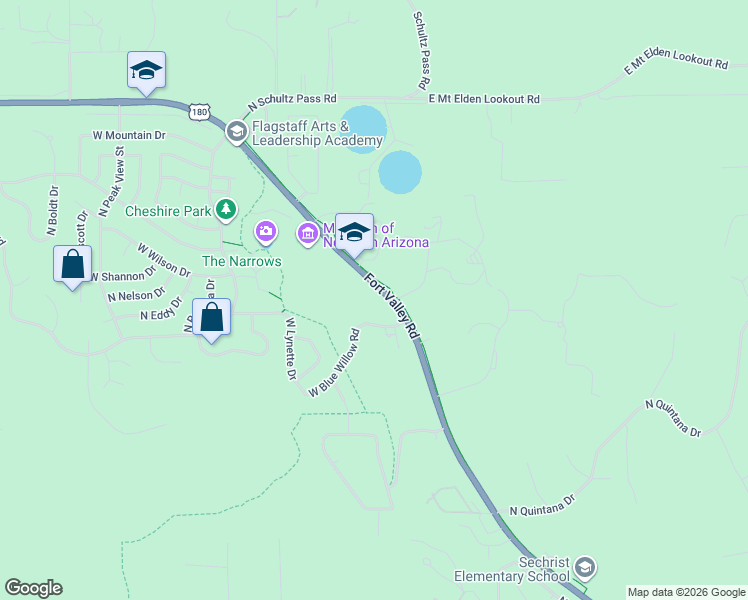map of restaurants, bars, coffee shops, grocery stores, and more near 2236 West Blue Willow Road in Flagstaff