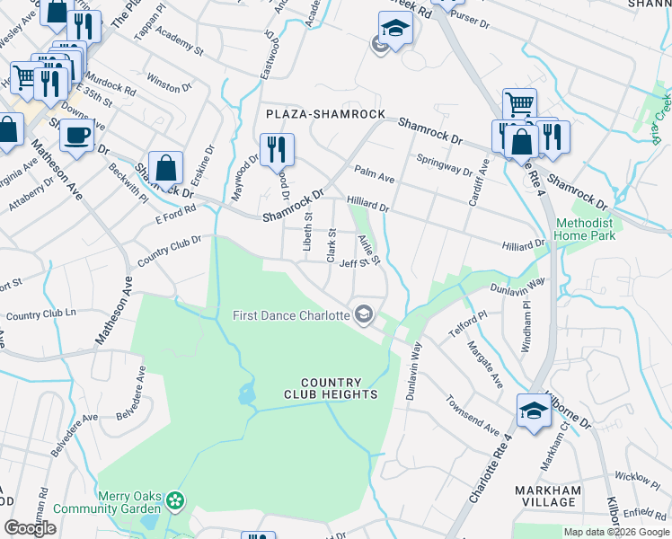 map of restaurants, bars, coffee shops, grocery stores, and more near 3431 Country Club Drive in Charlotte