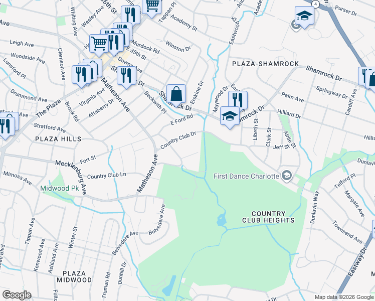 map of restaurants, bars, coffee shops, grocery stores, and more near 3120 Loma Lane in Charlotte