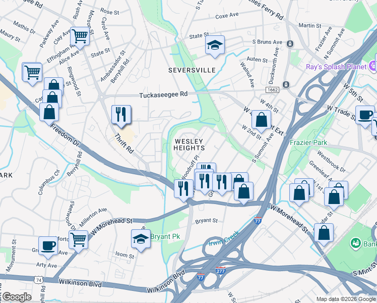 map of restaurants, bars, coffee shops, grocery stores, and more near 709 Woodruff Place in Charlotte