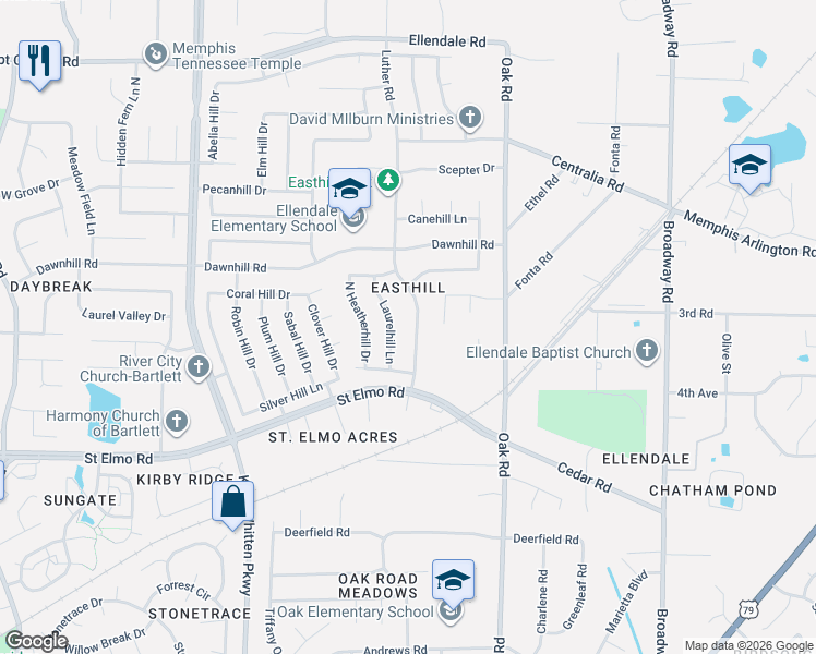 map of restaurants, bars, coffee shops, grocery stores, and more near 3892 Luther Road in Bartlett