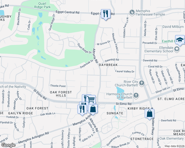 map of restaurants, bars, coffee shops, grocery stores, and more near 6524 Maple Hill Farms Cove in Bartlett