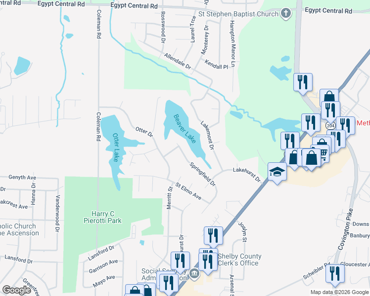 map of restaurants, bars, coffee shops, grocery stores, and more near 3878 Springfield Drive in Memphis