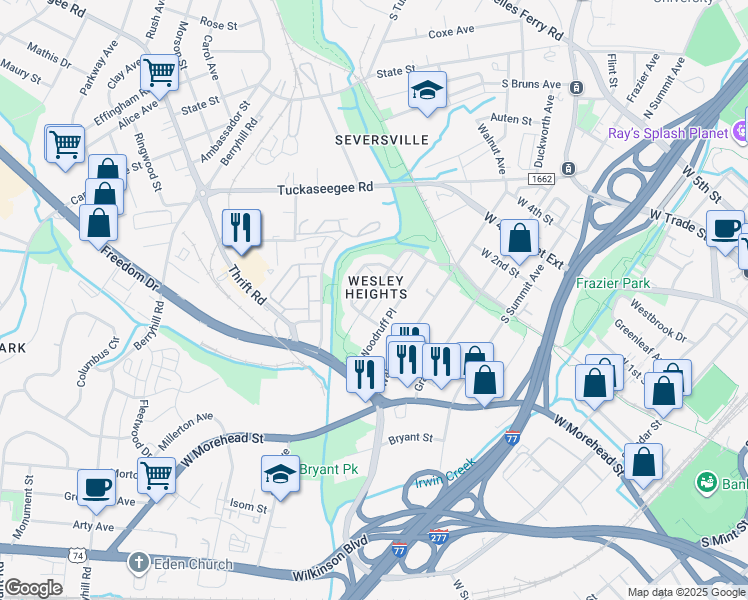 map of restaurants, bars, coffee shops, grocery stores, and more near 709 Woodruff Place in Charlotte