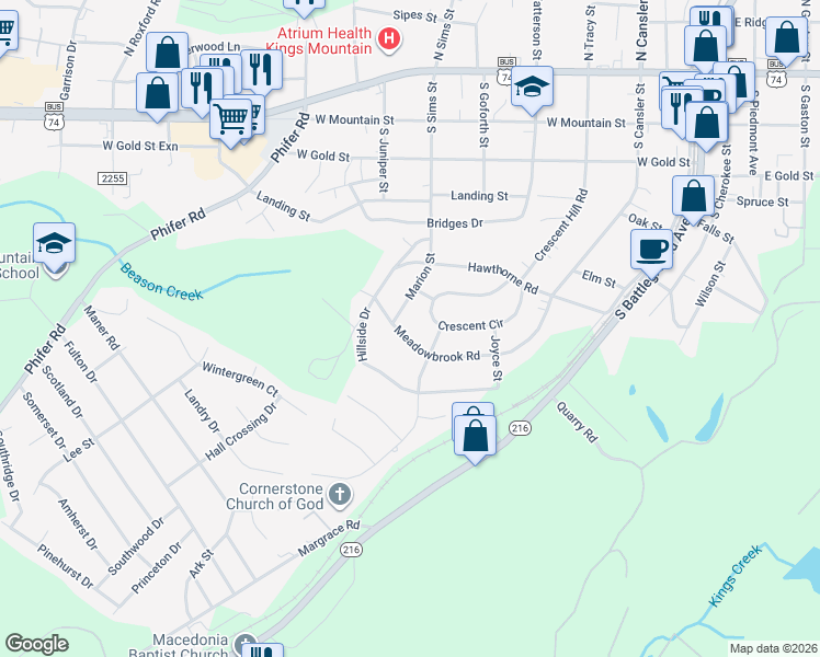 map of restaurants, bars, coffee shops, grocery stores, and more near 803 Meadowbrook Road in Kings Mountain