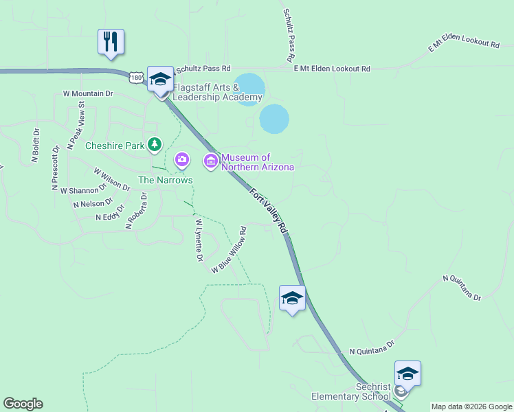 map of restaurants, bars, coffee shops, grocery stores, and more near 2236 West Blue Willow Road in Flagstaff