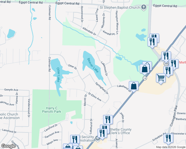 map of restaurants, bars, coffee shops, grocery stores, and more near 3878 Springfield Drive in Memphis