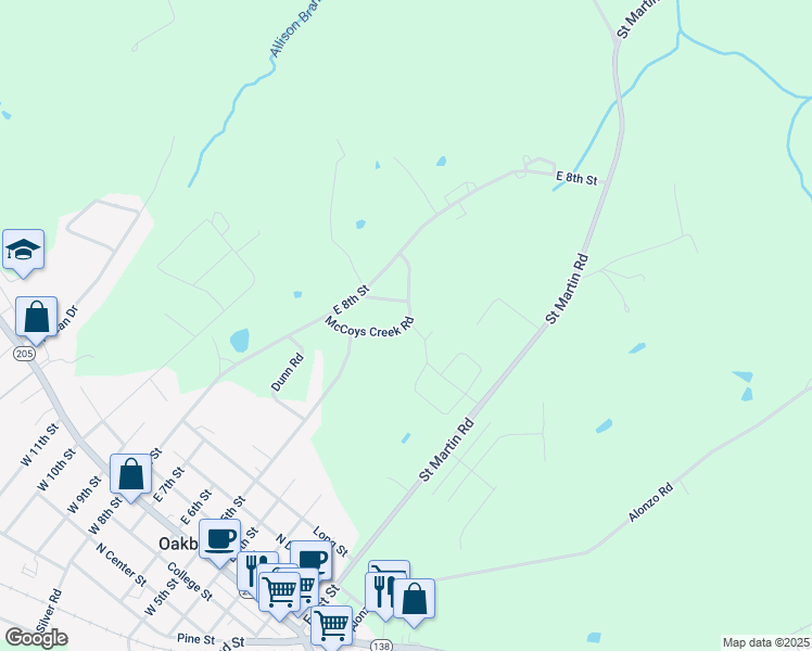 map of restaurants, bars, coffee shops, grocery stores, and more near 1124 McCoys Creek Road in Oakboro