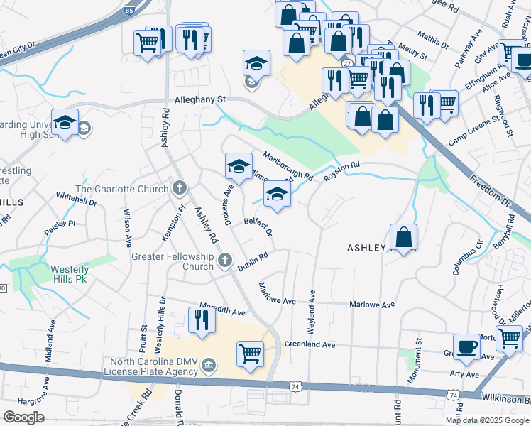 map of restaurants, bars, coffee shops, grocery stores, and more near 2401 Belfast Drive in Charlotte