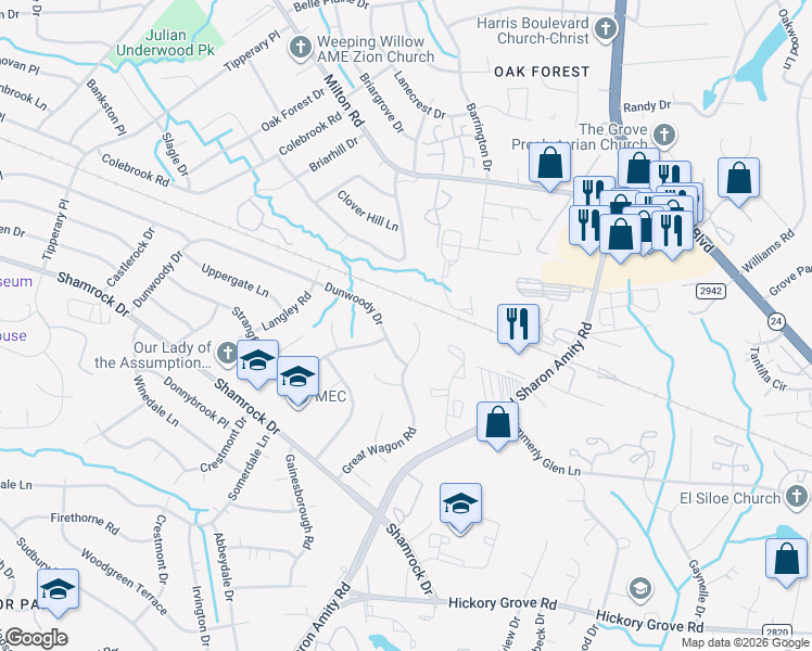 map of restaurants, bars, coffee shops, grocery stores, and more near 4317 Dunwoody Drive in Charlotte