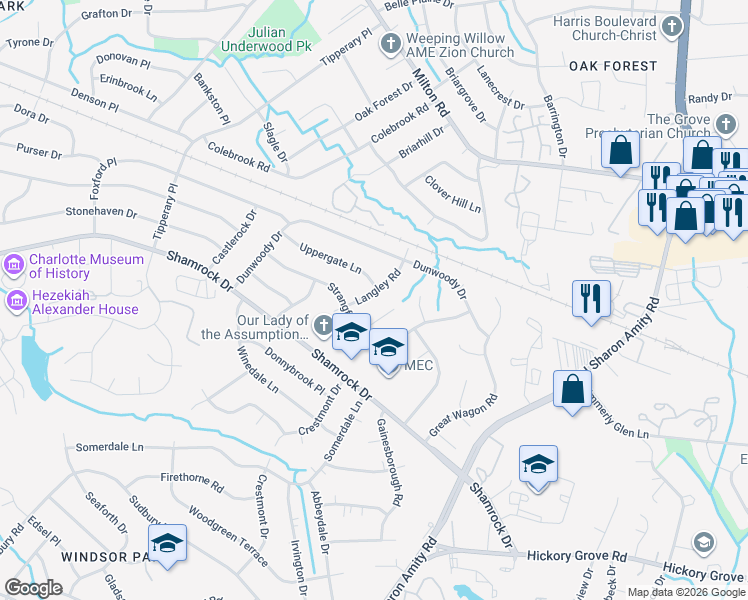 map of restaurants, bars, coffee shops, grocery stores, and more near 4147 Uppergate Lane in Charlotte