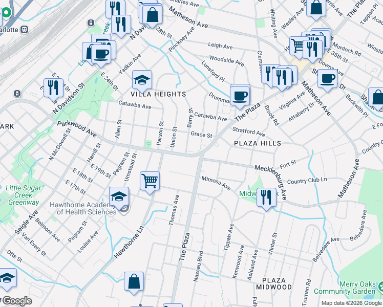 map of restaurants, bars, coffee shops, grocery stores, and more near 2319 Lola Avenue in Charlotte