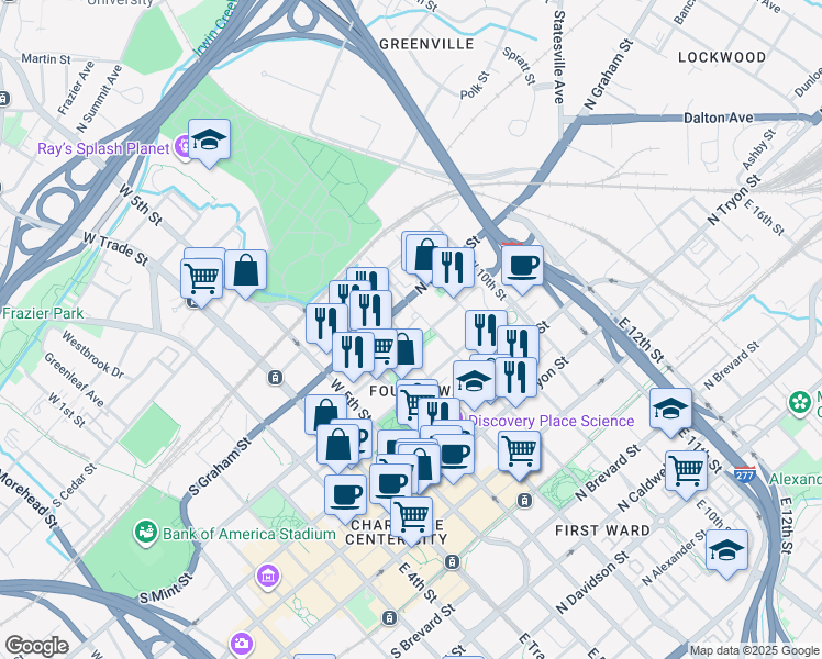 map of restaurants, bars, coffee shops, grocery stores, and more near 428 West 8th Street in Charlotte