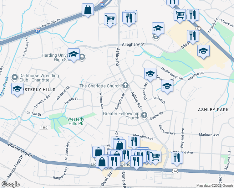 map of restaurants, bars, coffee shops, grocery stores, and more near in Charlotte