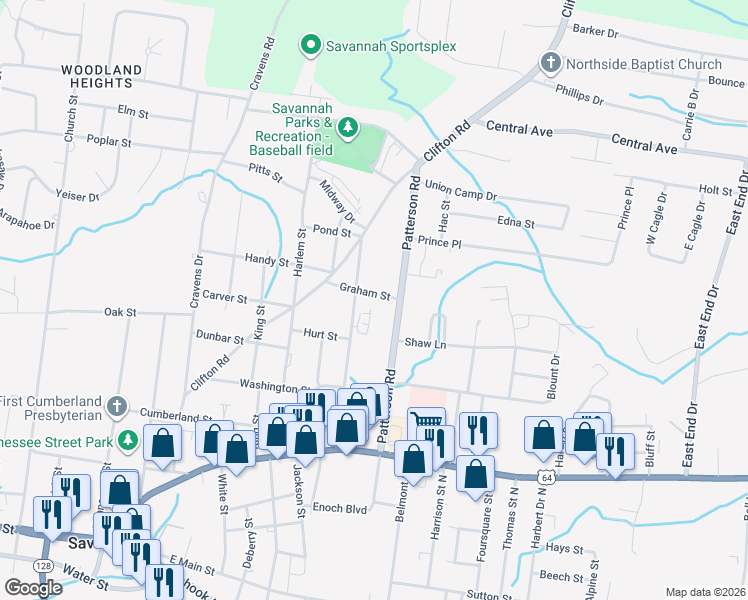map of restaurants, bars, coffee shops, grocery stores, and more near 400 Shell Street in Savannah