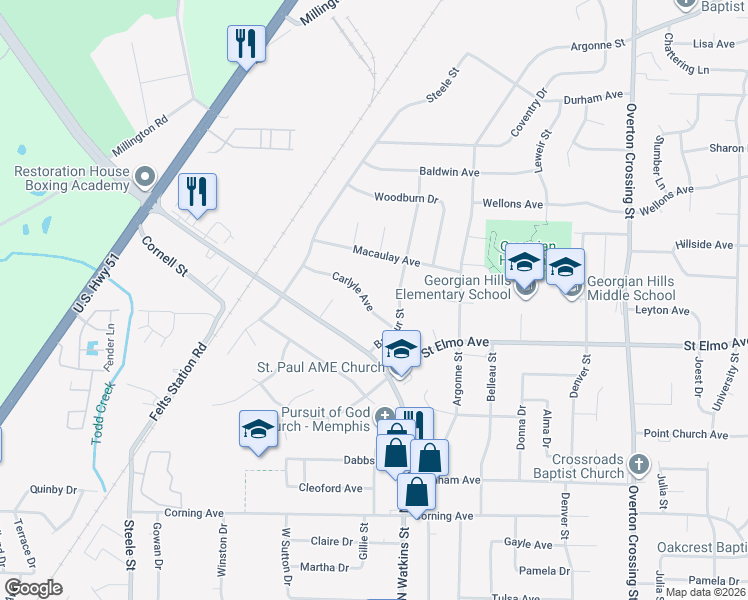 map of restaurants, bars, coffee shops, grocery stores, and more near 1756 Carlyle Avenue in Memphis