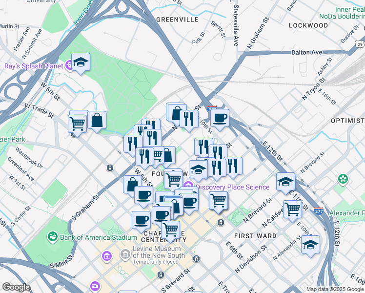 map of restaurants, bars, coffee shops, grocery stores, and more near 326 West 8th Street in Charlotte