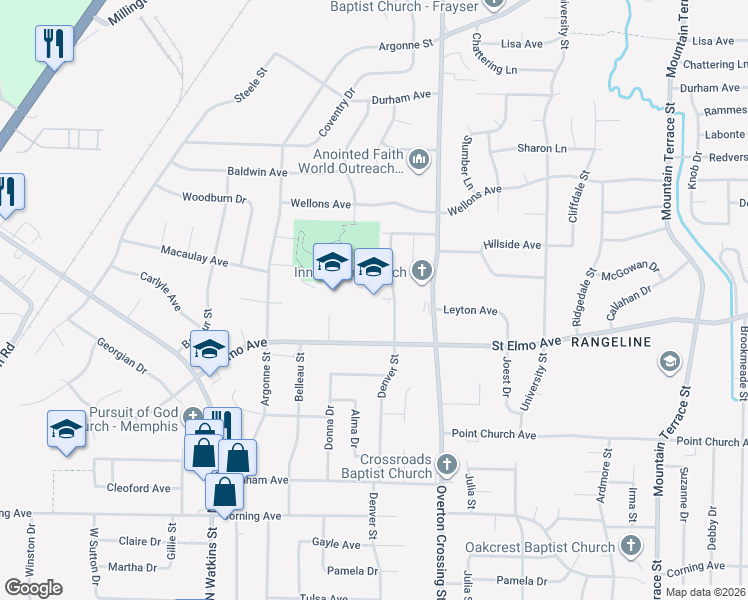 map of restaurants, bars, coffee shops, grocery stores, and more near 3925 Denver Street in Memphis
