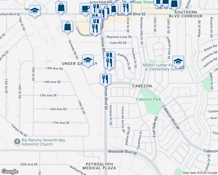 map of restaurants, bars, coffee shops, grocery stores, and more near 2013 Via Sonata Road Southeast in Rio Rancho
