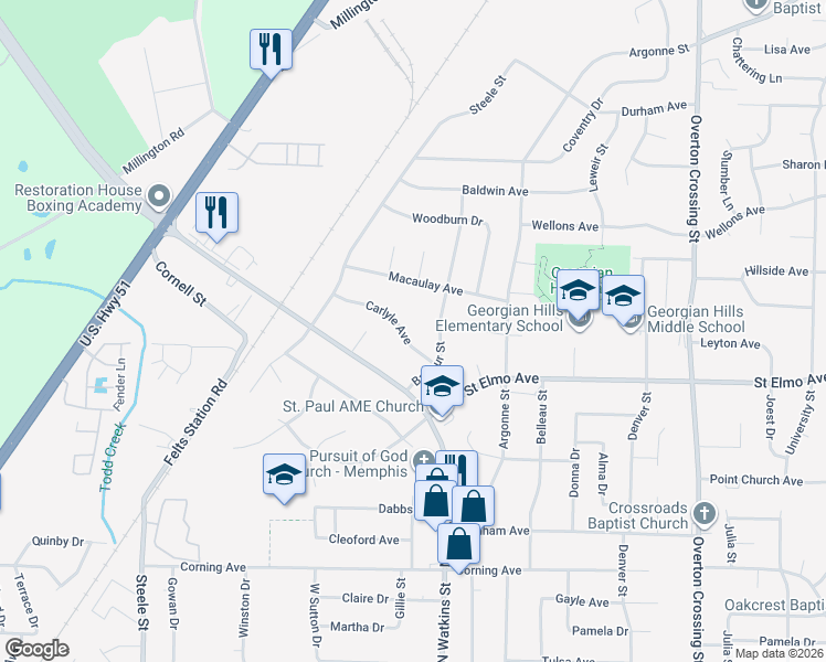 map of restaurants, bars, coffee shops, grocery stores, and more near 1756 Carlyle Avenue in Memphis