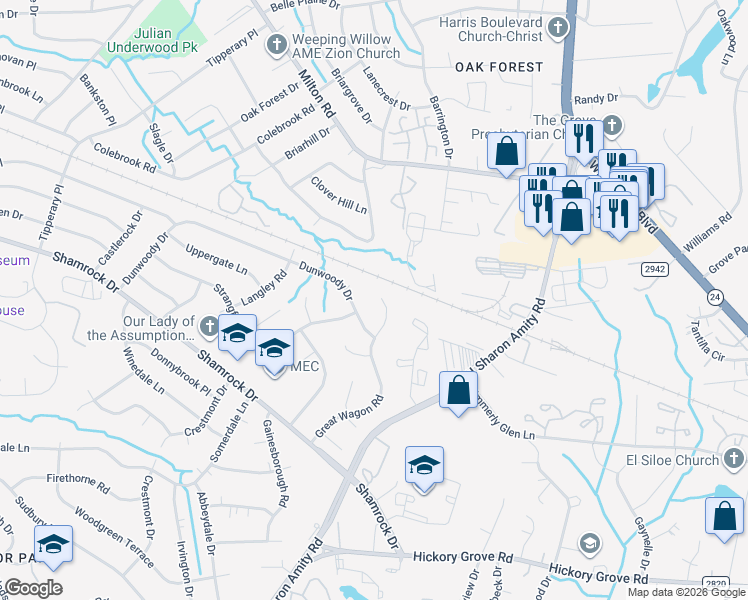 map of restaurants, bars, coffee shops, grocery stores, and more near 4317 Dunwoody Drive in Charlotte