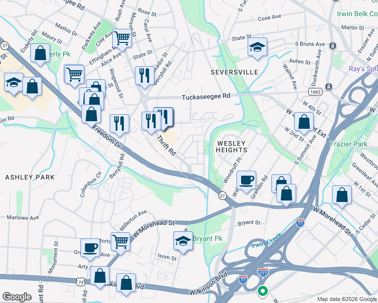 map of restaurants, bars, coffee shops, grocery stores, and more near 2715 Wet Stone Way in Charlotte