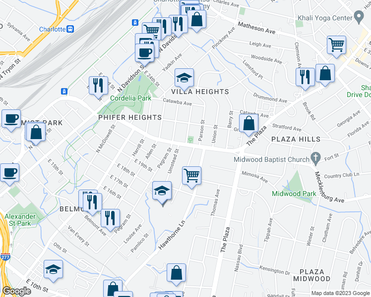 map of restaurants, bars, coffee shops, grocery stores, and more near 1312 Parkwood Avenue in Charlotte