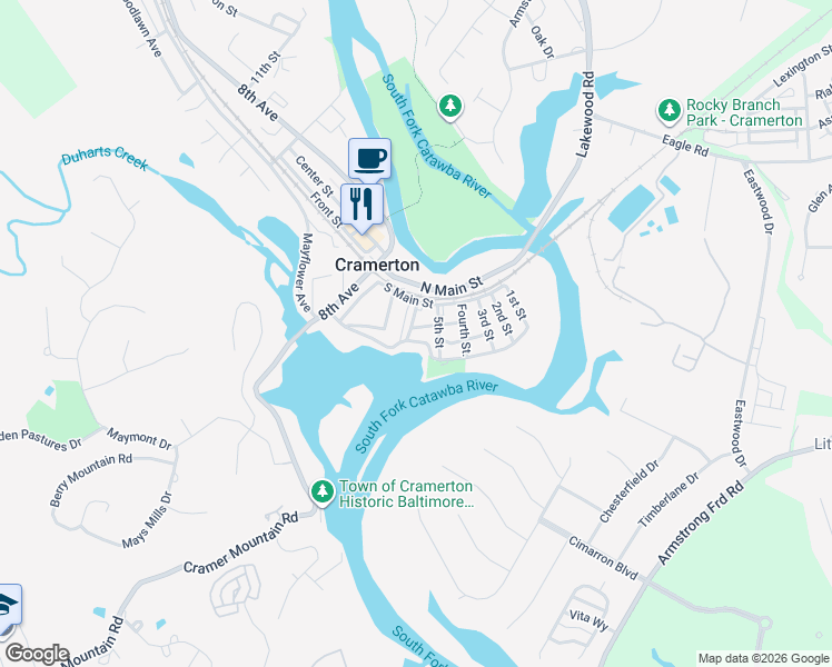 map of restaurants, bars, coffee shops, grocery stores, and more near 102 6th Street in Cramerton