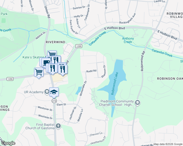 map of restaurants, bars, coffee shops, grocery stores, and more near 1056 Rudd Road in Gastonia