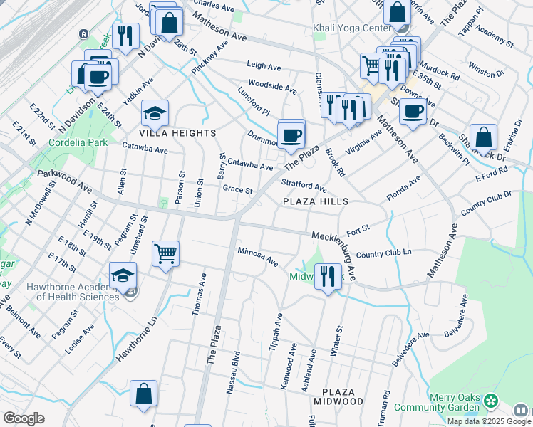map of restaurants, bars, coffee shops, grocery stores, and more near 2338 The Plaza in Charlotte