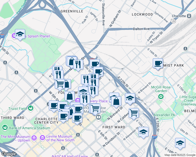 map of restaurants, bars, coffee shops, grocery stores, and more near in Charlotte