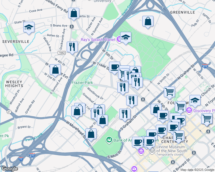 map of restaurants, bars, coffee shops, grocery stores, and more near 130 Victoria Avenue in Charlotte