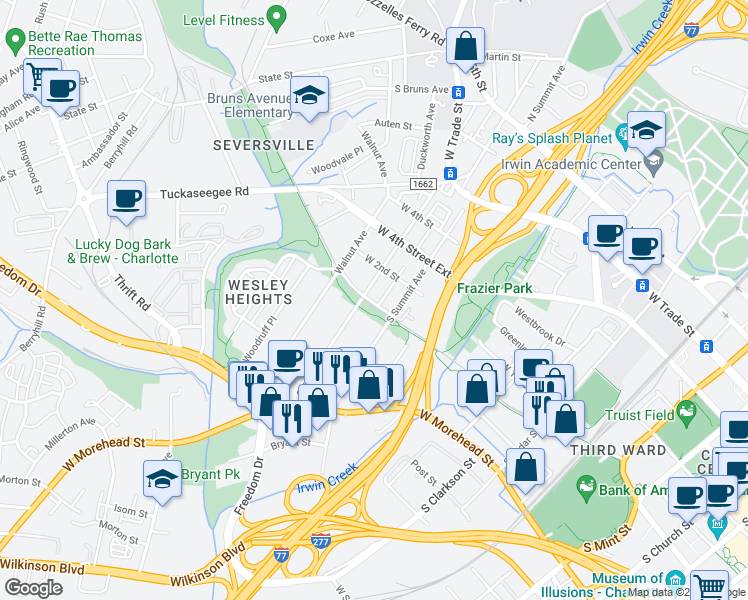 map of restaurants, bars, coffee shops, grocery stores, and more near 413 Grandin Road in Charlotte