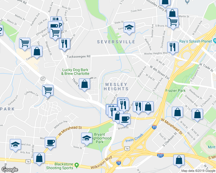 map of restaurants, bars, coffee shops, grocery stores, and more near 539 Hurston Circle in Charlotte
