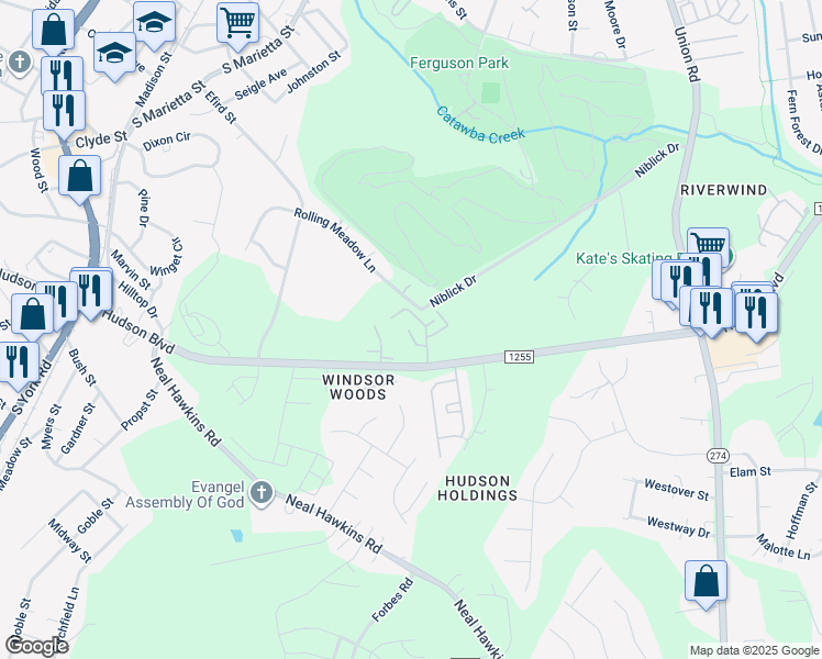 map of restaurants, bars, coffee shops, grocery stores, and more near 2209 Hudson Landings Drive in Gastonia