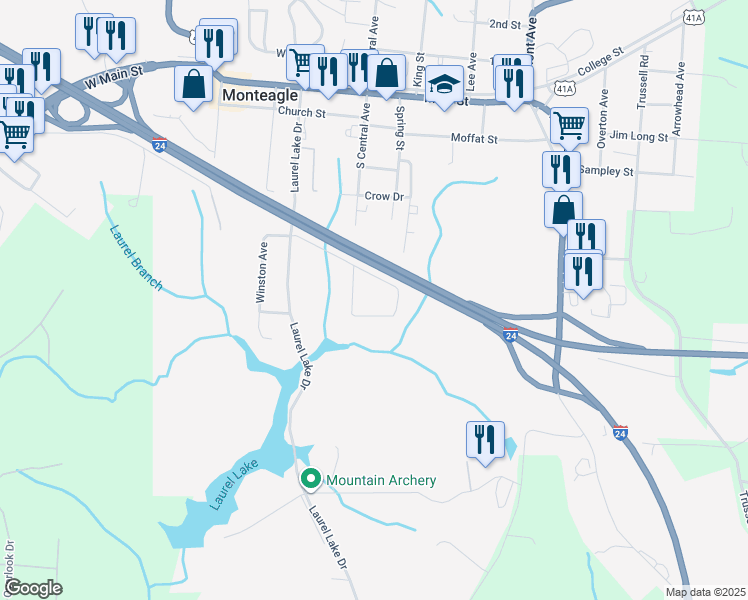 map of restaurants, bars, coffee shops, grocery stores, and more near 26 Parker Street in Monteagle