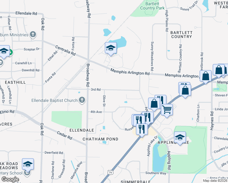 map of restaurants, bars, coffee shops, grocery stores, and more near 7434 3rd Road in Memphis