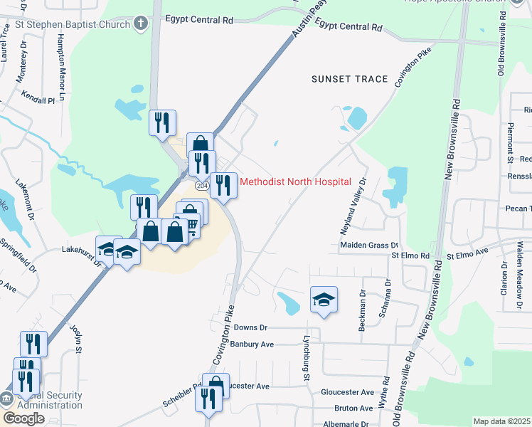 map of restaurants, bars, coffee shops, grocery stores, and more near 3909 Covington Pike in Memphis