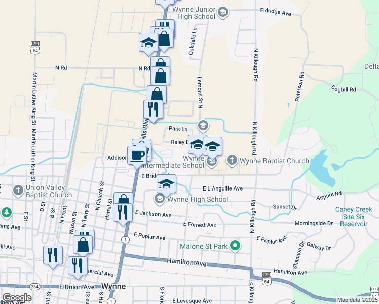 map of restaurants, bars, coffee shops, grocery stores, and more near N Lemons St in Wynne
