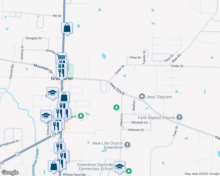 map of restaurants, bars, coffee shops, grocery stores, and more near 40 East Main Street in Greenbrier