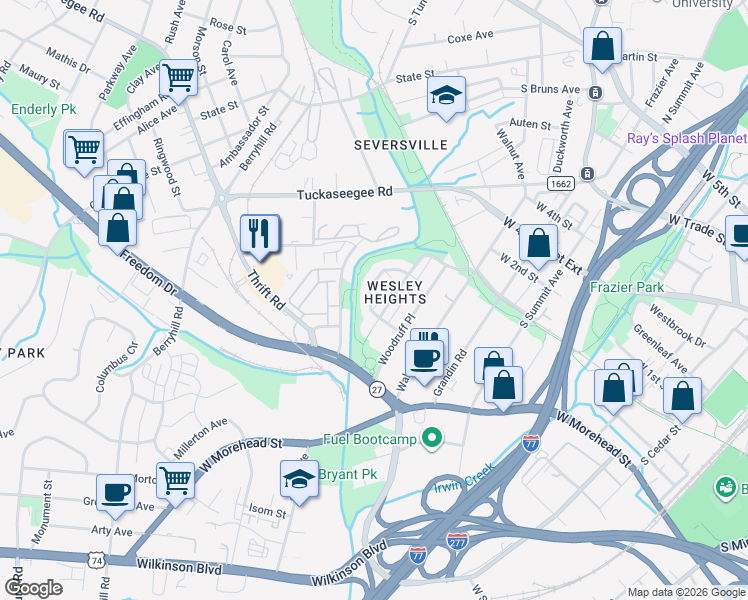 map of restaurants, bars, coffee shops, grocery stores, and more near 252 Hurston Circle in Charlotte