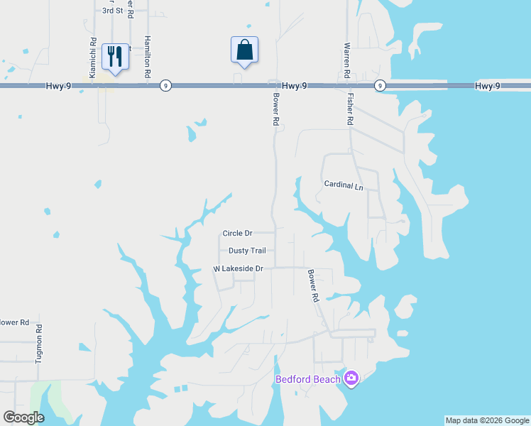 map of restaurants, bars, coffee shops, grocery stores, and more near 417 Bower Road in Eufaula